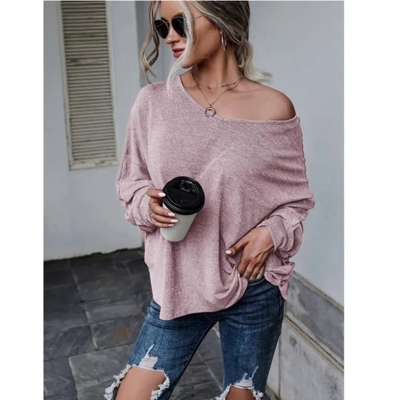 Pink Long Sleeve Tee Shirt V Cut Back Tie Back Long Sleeve Oversized - Picture 2 of 8